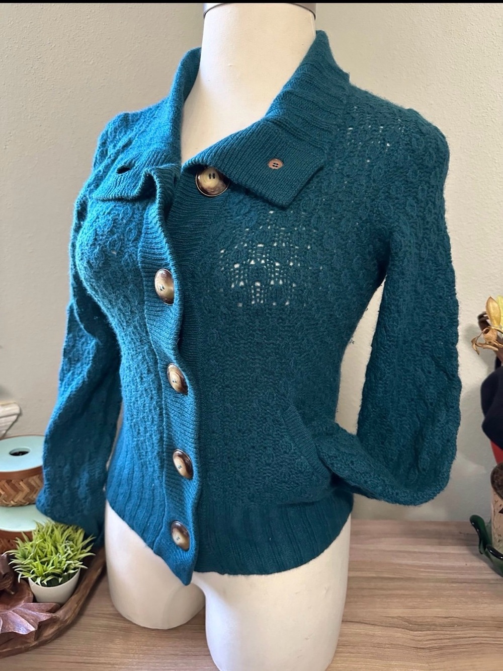 Leifsdottir Anthropologie 100% Cashmere Big Button Knit Cardigan Teal Medium